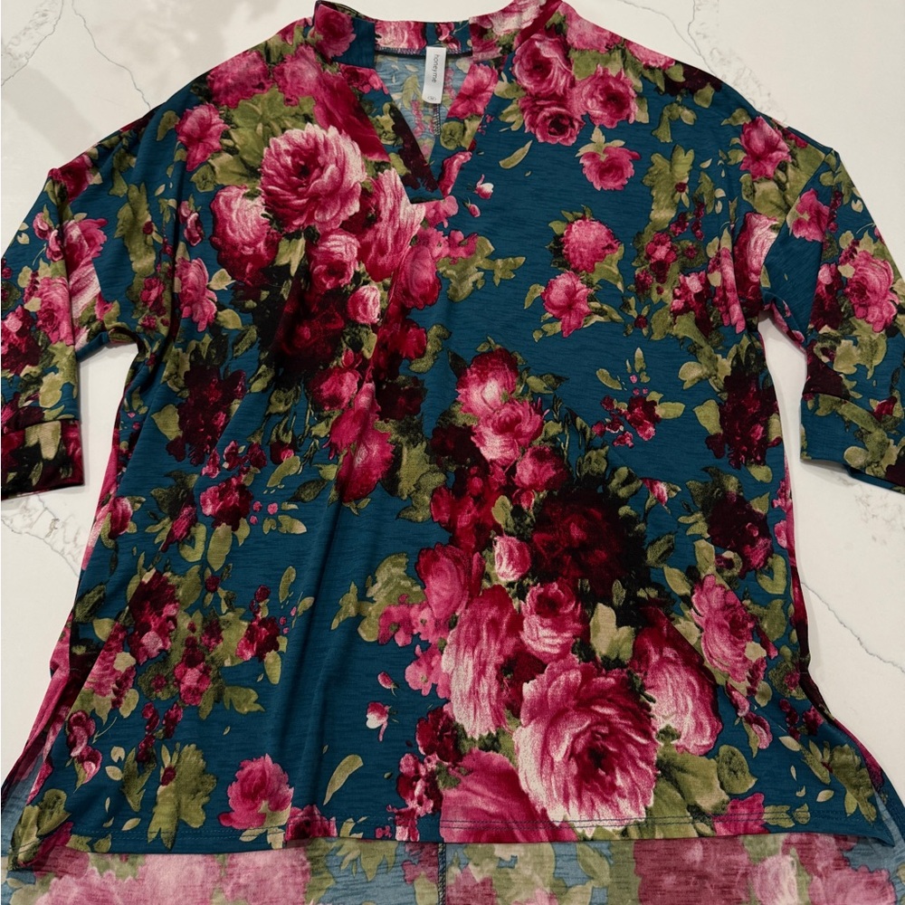 Honeyme Pink 3/4 Sleeve Boxy Blouse with Mandarin Collar